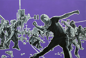 Zamieszki w Izraelu, akryl na płótnie 100x150 cm, autor Mariusz Szymański
