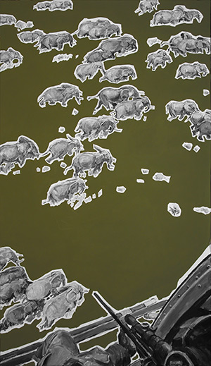 Polowanie, akryl na płótnie 80x140 cm, autor Mariusz Szymański